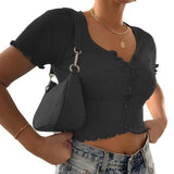 2022 Hot Sale Sexy Women Cardigan Summer T-Shirt Short Sleeve Ruffle T-Shirt Clubwear Buttons Bodycon Frilly Solid Color