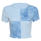 Crop Tops Tees Tie Dye With Sequin Patchwork Women Summer T-shirts Ruffles Hem Purple Or Bule
