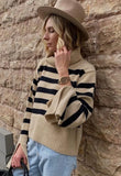 Fashion Beige Stripe High Collar Slit Long Sleeve Knit