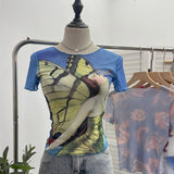 Single-Layer Thin Mesh Tie-Dye-Repair Short-Sleeved T-Shirt For Girls Summer Short-Sleeved Hottie Top