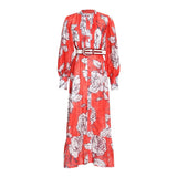 Print Floral Dress For Women Stand Collar Long Sleeve High Waist Colorblock Midi Dresses Female Fashion Clothes