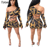 Cut Out Women Set Outfit Autumn Winter Leopard Chain Print 2 Pieces Set One Shoulder Top Leggings Pant Fashion