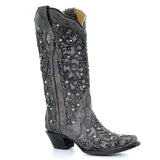 Women Autumn Winter Glitter Inlay and Crystals Boots Pointed Toe Retro Thick Heel Western Boots Shoes Elegant White Knee