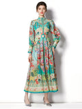 Bohemain Chiffon Maxi Dress Women Stand Collar Long Lantern Sleeve Flower Print Boho Holiday Green Split Vestidos
