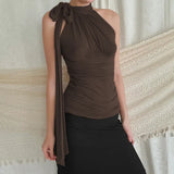 Elegant Simple Solid Color Bib Tie Wrinkle Tight Show Thin Sleeveless Vest Gentle Ribbon Blouse-Outfit