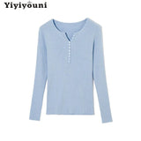WOTWOY Buttons-up Ribbed Knitted Sweater Women Basic Solid Slim Fit Autumn Winter Pullovers Female 2021 Casual Jumper Knit