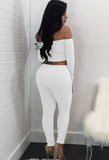 Ribbed Basic Off Shoulder Crop Top and Pants 2pc
