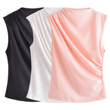 Spring Pleated Sleeveless Blouse With Round Collar 2728636-Outfit