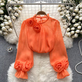 Shirt Female Design Sense Small Three-Dimensional Flower Bubble Sleeves To Reduce The Age Of Pure Color Chiffon Shirt Women's Long-Sleeved