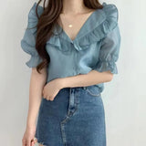 Chic Summer New Lotus Leaf Collar Age Sweet Elegant Temperament Bubble Sleeve Top Chiffon