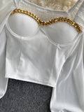 Autumn Women Black/White Blouse Sexy Square Collar Lantern Long Sleeve Short Tops Female Elegant Party Shirt Blusas 2022
