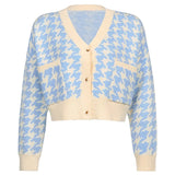 Houndstooth Plaid Print Cardigan Women Autumn V Neck Vintage Knitted Crop Top Sweater Casual Loose Knitwear