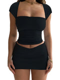 Women 2 Piece Outfits Short Sleeve Square Neck Slim Fit Solid T-shirts Tops High Waist Short Mini Pencil Skirts Sets-Outfit