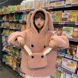 Deeptown Bunny Ears Hoodies for Teens Long Sleeve Cute Tops 2021 Korean Style Autumn Winter Kawaii Sweatshirt Women Soft