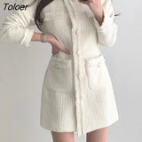 Beige Tweed Dress Woman Single Breasted Elegant Party Mini Dresses Female Autumn Winter Wool Blend Dress Vestidos