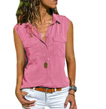 Cotton Tops Blouses 2021 Autumn Sleeveless Solid V-Neck Office Blouse Female Work Women Button Up Shirt Plus Size
