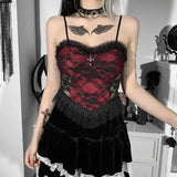 Black Lace Trim Emo Alternative Aesthetic Crop Tops Y2K Mall Goth Crop Tops Women Backless Sexy Strap Tanks gothic tops-Outfit