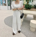 Summer Women Square Collar Puff Sleeve Wide Leg Jumpsuits Korea Vintage Office OL Slim Waist Playsuits Overalls