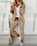 Women Casual Two Piece Work Wear Blazer Coat & Drawstring Pants