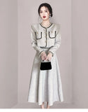 Lady Skirt Suit Elegant Fashion Office OL Tweed Long Sleeve Short Coat + High Waist Big Swing Midi Skirts 2-piece