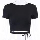 lace up cross women t shirt crop top short sleeve backless bodycon sexy streetwear club party clothes elegant