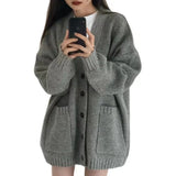 And Winter New Style College Style Korean Version Loose Lazy V-Collar Pocket Solid Color Knitted Cardigan Sweater Women's Spot-Outfit