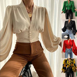 Elegant Leisure Button V-neck Lantern Sleeve Top