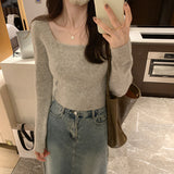 Short Soft Waxy Sweater With Square Collar And A New Short Long-Sleeved Blouse For Women In Autumn And Winter-Outfit