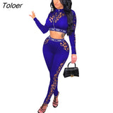 Two 2-piece Set Tracksuits Tight Suit Fitness Outfits Club Sexy Clothing Hollow Out Crop Top And Pants Sets Lady