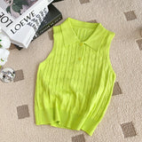 Chic Summer French Niche Polo Collar Sleeveless Knitted Top Girl Slime With Solid Color