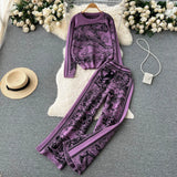 Winter Knitted Print Sets Women O Neck Long Sleeve Knitwear+Wide Leg Long Pants Fashion Retro Sweater Two Pieces