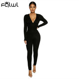 Fall Streetwear Bodycon Jumpsuit Women Long Sleeve V Neck Black White One Piece Outfits Rompers Women Jumpsuits
