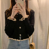 Korean Cropped Cardigan Y2K Fashion Sweaters Woman Sweater Ruffles Black White Cute Tops Fall 2023 Women