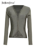 Hollow Out T-shirts For Female V Neck Long Sleeve High Waist Slimming Solid Color Women's Casual T-shirt