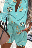 Print Long Sleeve Shirts and Short Pants Set Women Spring Summer New Single Breasted Blouse Pocket Shorts 2 PC