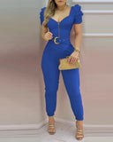 Women Plain Puffed Sleeve Jumpsuit With