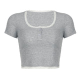 Desire Atmosphere Wearing Lace Button Splicing Color Navel Slimming Striped Short-Sleeved T-Shirt 2023 New Style-Outfit