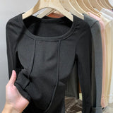 Spicy Fishbone Line Leads The German Velvet Bottomed Shirt And The Girl Wears A Slim And Short White Blouse In The Autumn And Winter Long-Sleeved T-Shirt-Outfit