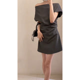 High-End Sense Word-Collar Short-Sleeved Dress Woman 2025 Summer Temperament Set Niche Waist A Word