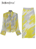 Slim Print Colorblock Two Piece Set Womens Lapel Long Sleeve Shirt High Waist Midi Skirts Female Sets Fashion