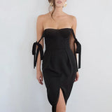 Summer Women's Tank Dresses Party Split Solid Backless Sexy Ladies Mid Calf Dress 70% Cotton Bandage Bow Tie Party