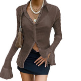 Vintage White Folds Cute Y2K Shirts Women Elegant Fashion Flared Sleeve Button Tops See Through Sexy Mesh E Girl