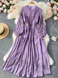 Yellow/Purple/Green Lace Patchwork Long Dress Women Spring Autumn Elegant Round Neck Puff Sleeve High Waist A-Line Party