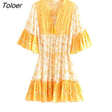 Yellow Floral Print Dress Boho Beach Summer Dresses V-Neck Half Sleeve Casual Short Dress for Women Clothing 2023