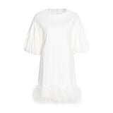 TWOTWINSTYLE Patchwork Feathers Hem Dress For Women Round Neck Short Sleeve Solid Minimalsit Summer Dresses Female Clothing