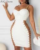 Eyelet Chain Hollow Corset Sleeeveless Bodycon Dress Women Sexy Spaghetti Strap Backlesss Mini