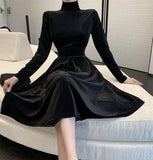 Winter Black Velvet Dress Women French Vintage Turtleneck Long Sleeve High Waist Office Lady A-Line Dress Female