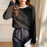 Long-Sleeved T-Shirt Women's New Design Is Full Of Impact Color Round-Neck Waffle Top And Bottom Shirt.-Outfit