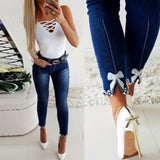 new slim butterfly viscose beaded denim pencil pants woman jeans pants short jeans
