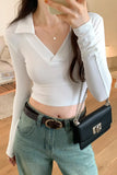 Style Spice Girl Polo Waist Long-Sleeved T-Shirt Women's Early Autumn New Bottomed Shirt White Blouse-Outfit